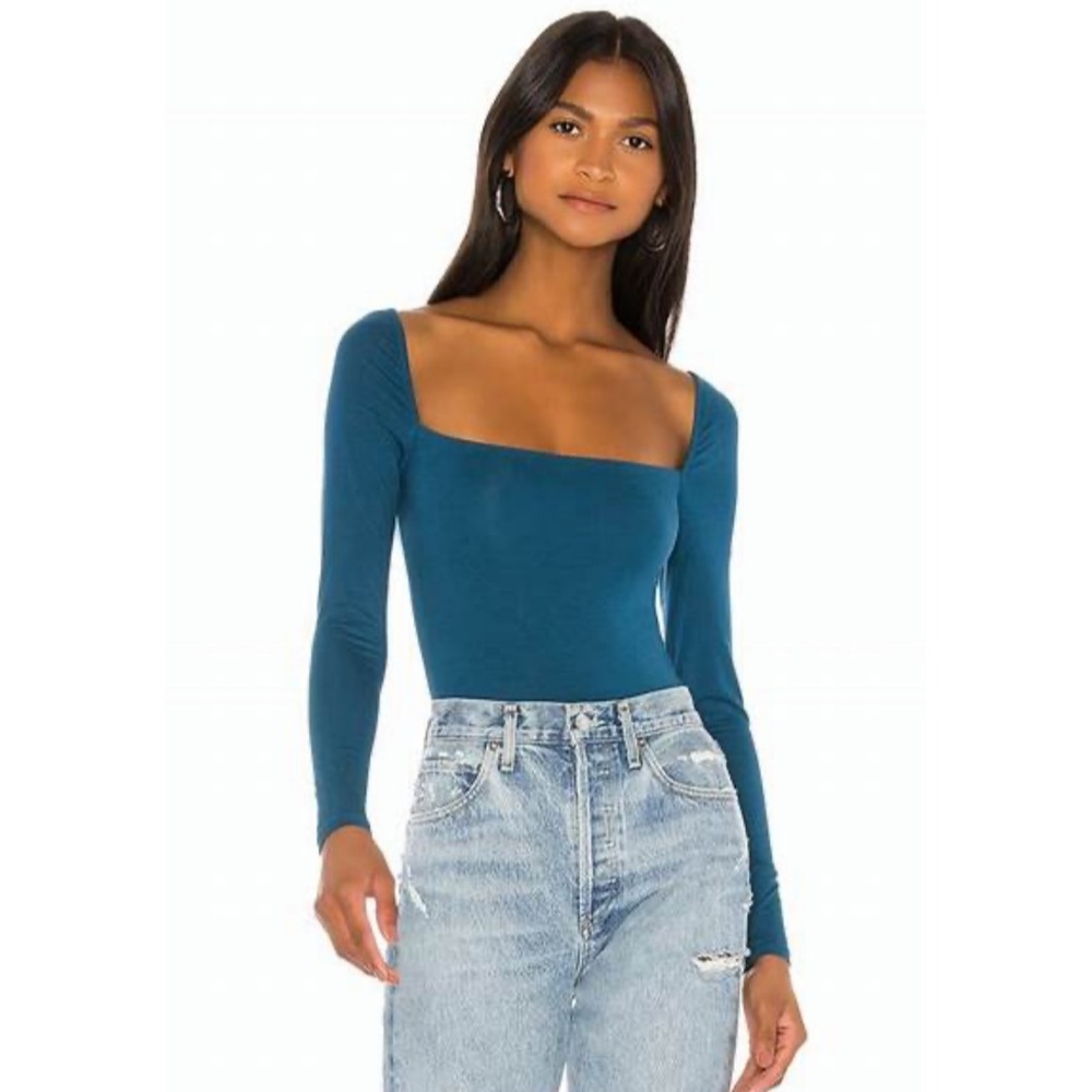 NWT Lovers & Friends Remi Bodysuit Teal Blue Square Neck Long Sleeve Lined‎ SZ L